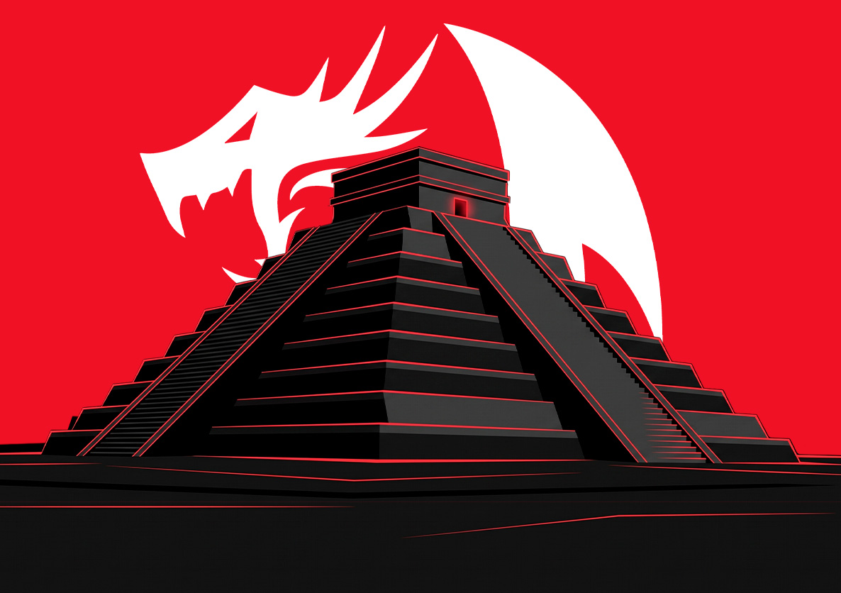 Pirámide maya con el logo del dragón de Redragon sobre fondo rojo